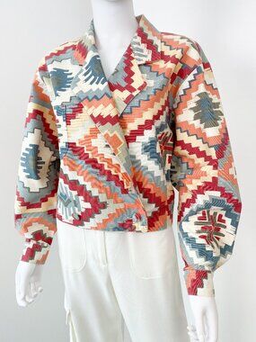 Vintage Tapestry Ethnic Multicolor Print Double-Breasted Bomber Jacket Size 6/8